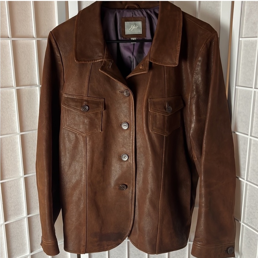 J. Jill Leather Jacket brown button up women’s size Small genuine leather NEW